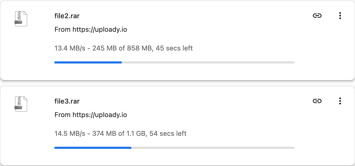Uploady Premium parallel browser download speed test showing multiple files around 13 to 16 MB/s