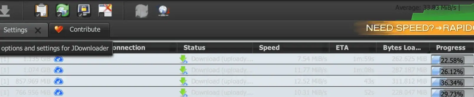 Uploady Premium JDownloader speed test showing average speed around 33.83 MiB/s